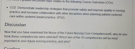 y a USSION topic relates to the following Course Outcomes (COs). • CO2: Demonstrate leadership strategies that promote safety