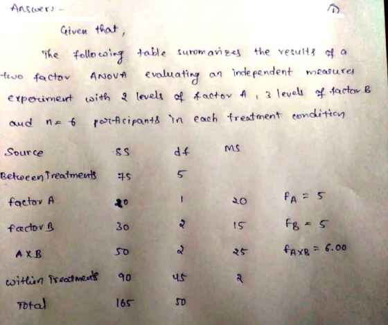 Answers - Given that, The following table summarizes the results of a two factor ANOVA evaluating an independent measures exp