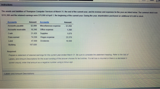 Instructions The assets and liabilities of Thompson Computer Services at March 31, the end of the current year, and its reven