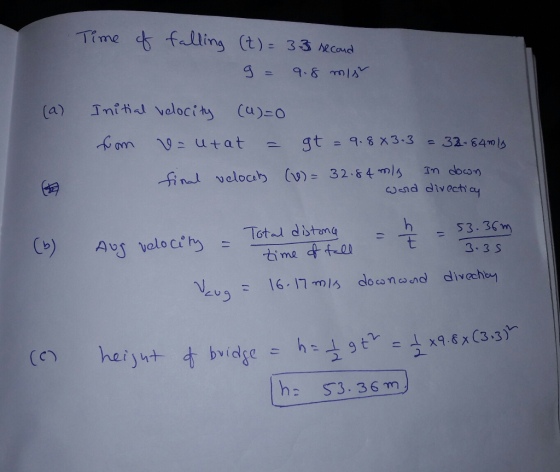 Time faling (t) 33 NCod (A) Initial velociれ (a)-o -find veloce) (v) = 32-64mls 1n down s 3. 36 m 3 3 S 2- 2.