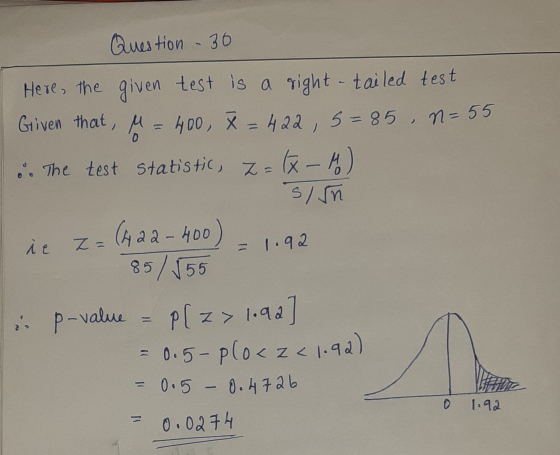 Question - 30 0 Here, the given test is a right -tailed test Given that, M = 400, X = 422 , 5 = 85, n = 55 . The test statist