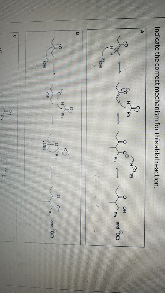 Indicate the correct mechanism for this aldol reaction. Ph 000 HER 0 OH Ph Ph and DE РОЕ! OMX Ph OH Ph and OE: BE OE: 09 HPh