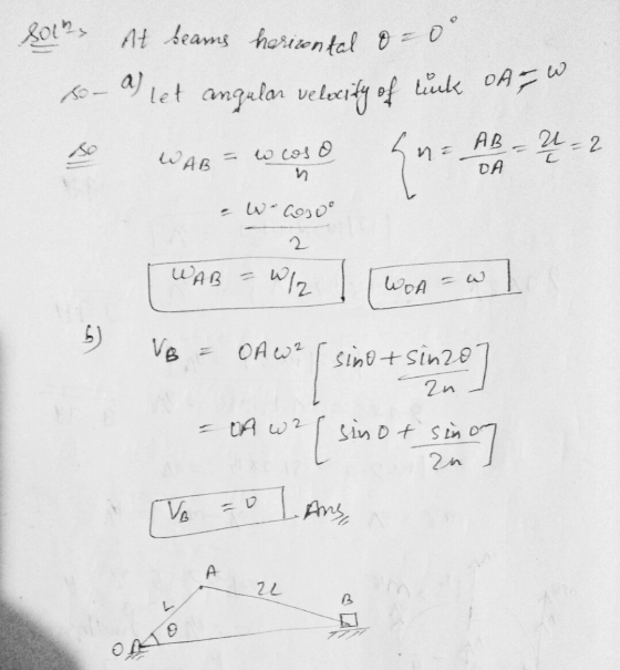 sols at beams harisontal 8 = 0° so - a) let angular velocity of luck OA & w. so WAR= ww coso Sn= AB=2=2. n . Wcoso DH WAB =