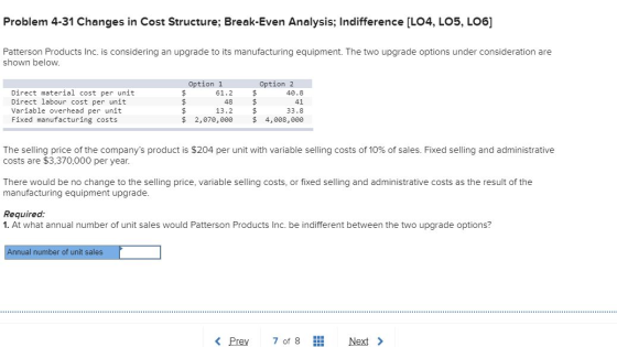Problem 4-31 Changes in Cost Structure; Break-Even Analysis; Indifference (L04, LOS, LO6] Patterson Products Inc. is consider