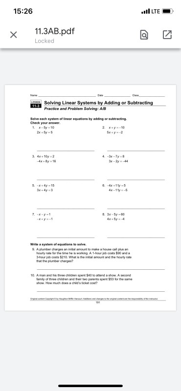 15:26 .l LTE 11.3AB.pdf X Locked Nae Dae LESSCSolving Linear Systems by Adding or Subtracting 1-3Practice and Problem Solving