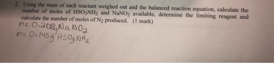 2. Using the mass of each reactant weighed out and the balanced reaction equation, calculate the number of moles of HSO3NH2 a