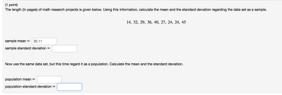 (1 point) The length (in pages) of math research projects is given below. Using this information, calculate the mean and the