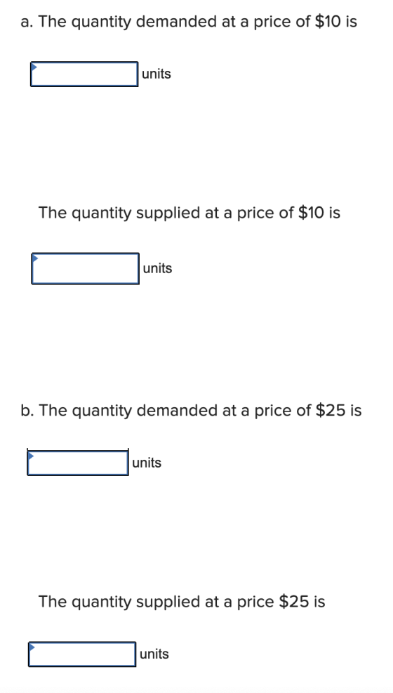 a. The quantity demanded at a price of $10 is O units units The quantity supplied at a price of $10 is C units units b. The q