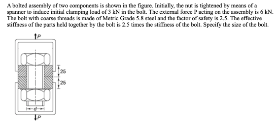 A bolted assembly of two components is shown in the figure. Initially, the nut is tightened by means of a spanner to induce i
