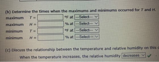 (b) Determine the times when the maximums and minimums occurred for T and H. maximum T = of at --Select-- v maximum H= ]% at