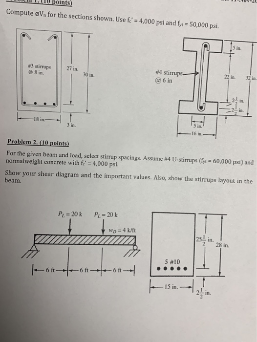 TOIMII. (10 points) Compute V. for the sections shown. Use fc = 4,000 psi and fy= 50,000 psi. 5 in #3 stirrups 8 in. 27 in.