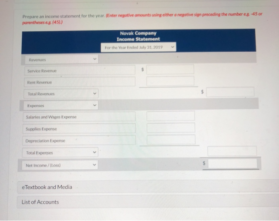 Prepare an income statement for the year. (Enter negative amounts using either a negative sign preceding the number eg.-45 or