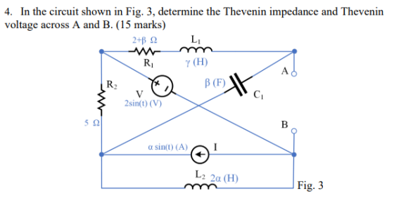 4. In the circuit shown in Fig. 3, determine the Thevenin impedance and Thevenin voltage across A and B. (15 marks) 2+ L - R