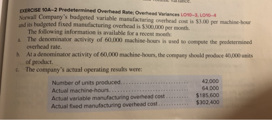 Une vallarice. EXERCISE 10A-2 Predetermined Overhead Rate; Overhead Variances LO10-3, L010-4 Norwall Companys budgeted varia