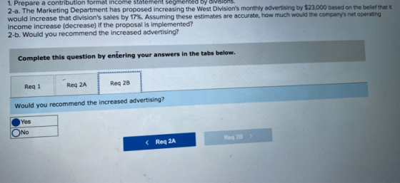 1. Prepare a contribution format income statement segmented by 2-a. The Marketing Department has proposed increasing the West