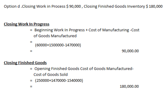Option d.Closing Work in Process $ 90,000, Closing Finished Goods Inventory $ 180,000 Closing Work In Progress = Beginning Wo