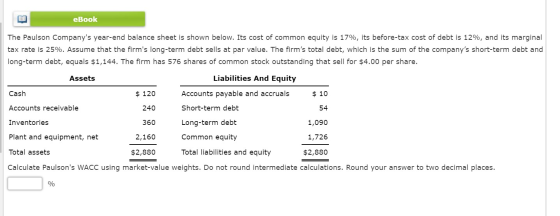 eBook The Paulson Companys year-end balance sheet is shown below. Its cost of common equity is 17%, its before-tax cost of d