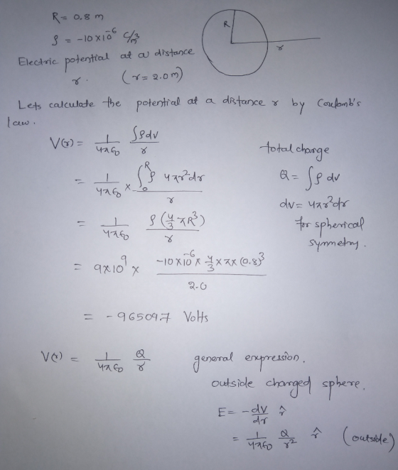 0.8 m Electric potenttal at au distance ィ (s 2.0m) Lets calculate the Potenttal afadRtance γ by Cou (babs CleS totel chong spher MAo 3 3-6 -96509쿠 VoHs Ve で outsiole charged spherre -1ー을 ^ (.outsele.
