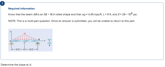 ! Required information Know that the beam AB is an 58 * 18.4 rolled shape and that wo = 4.45 kips/ft, L = 9 ft, and E= 29 * 1