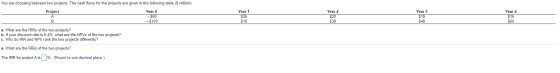 You are choosing between two projects. The cash flows for the projects are given in the following table ($ million): Project