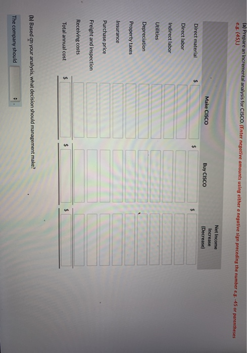 (a) Prepare an incremental analysis for CISCO.(Enter negative amounts using either a negative sin preceding the number e.g. (