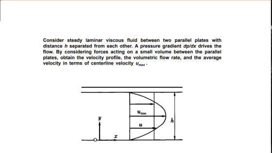 Consider steady laminar viscous fluid between two parallel plates with distance h separated from each other. A pressure gradient dp/dx drives the flow. By considering forces acting on a small volume between the parallel plates, obtain the velocity profile, the volumetric flow rate, and the average velocity in terms of centerline velocity Umax Umax