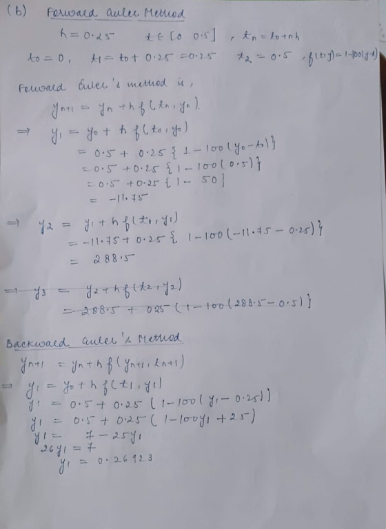 (6) Forwald aulee Method h = 0.25 ttto 0.5], tn=toanh to=0 t = tot 0.25 +0.25 +2 = 0.5 fltry) = 1-1oolyt) Forward Enters met