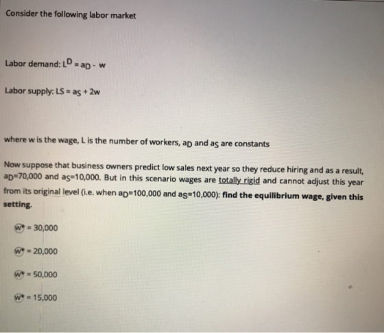 Consider the following labor market Labor dernand: LD ap- w Labor supply: LS = as+ 2w where w is the wage, L is the number of