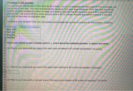 1 Problem 2 (25 points) 2 You just bought 200 shares of Ford stock for $5 a share. You do not anticipate the stock price of F