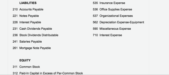 LIABILITIES 535 Insurance Expense 536 Office Supplies Expense 210 Accounts Payable 221 Notes Payable 537 Organizational Expen