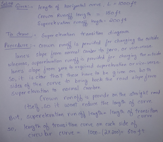 GYven : lengh orizental curveL loft Crouon Runo length16oft Superek vation runob length ooft o araw, Super elevanon transition diagram. Procedure Crown runo is provided for changing the ootsidc anes slope rom normol Canber toero, or vice-versa whereas, superelevation ronohh is provided hor charing the outride lanes sloperom oroto ederelevathion or vice-vers So, it is clarha t these have tn be iven on bo th e aiven on bo sides oh the curve to bring bock the road slope rom Super elevation to normal Comber Crown run obb is provide on the sナraght road iIselh ,so it wont reduce the long th ob curve Bot, soperelevation Yunoj)), length 2 /engthのくかans s0, leng th ob tronsi tion corve on each side ob on curve