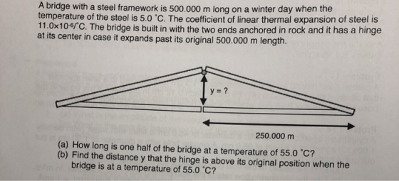 A bridge with a steel framework is 500.000 m long on a winter day when the temperature of the steel is 5.0 C. The coefficien