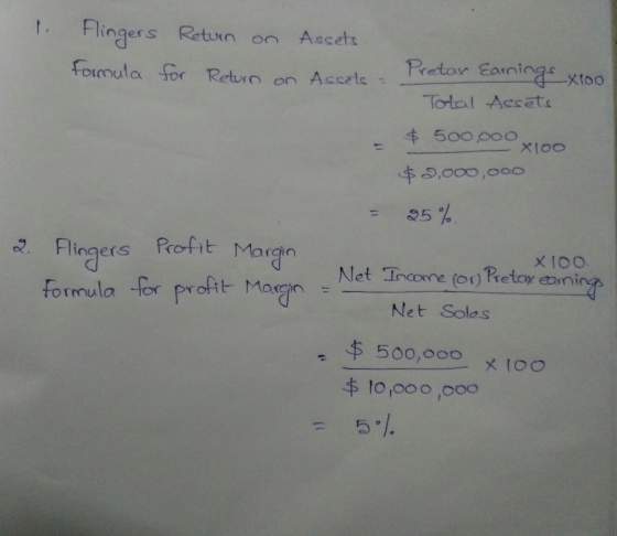 1. Flingers Formula Return on for Return on Assets Ascets - Pretar Earnings x 100 Total Assets $ 500.00° x100 $2,000,000 95%.