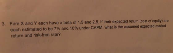 3. Firm X and Y each have a beta of 1.5 and 2.5. If their expected return (cost of equity) are each estimated to be 7% and 10