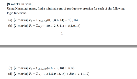 Using Karnaugh maps, find a minimal sum-of-product