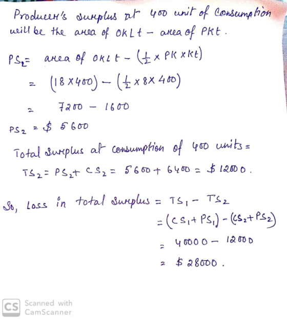 Producers surplus at 400 unit of consumption ucili be #ke aнгa of ok L+ - океа ер Рkt. PSE area of Oklt-(£x PK XKE) 2 (18 x4