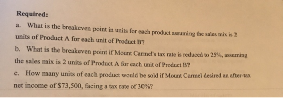 Required: a. What is the breakeven point in units for each product assuming the sales mix is 2 units of Product A for each un