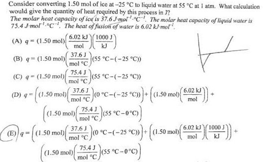 1.50 mol of ice at-25 °C to liquid water at 55 c atlatm. What calculation would give the quantity of heat required by this process in J? The molar heat capacity of ice is 37.6 mol l-aC The molar heat capacity of liquid water is 75.4 J-mol C l. The heat of fision of water is 6.02 6.02 kJ 1000 J (A) g (1.50 mol) mol 37.6 J (B) (1.50 mol) (55 °C (-25 °C) mol OC 75.4 J (55°C-(-25 °C) (C) (1.50 mol) mol C 37.6 J 6.02 kJ (1.50 mol) (0 °C-(- 25 °C) (1.50 mob mol C mol 75.4 J (1.50 mol) (55 °C-0°C) mol OC 6.02 kJY 1000 J) 37.6 U (0 oC-(-25 °C) (1.50 mol) (1.50 mol) (E) q mol kJ mol C 75.4 J (55 °C-0°C) (1.50 mol) l mol