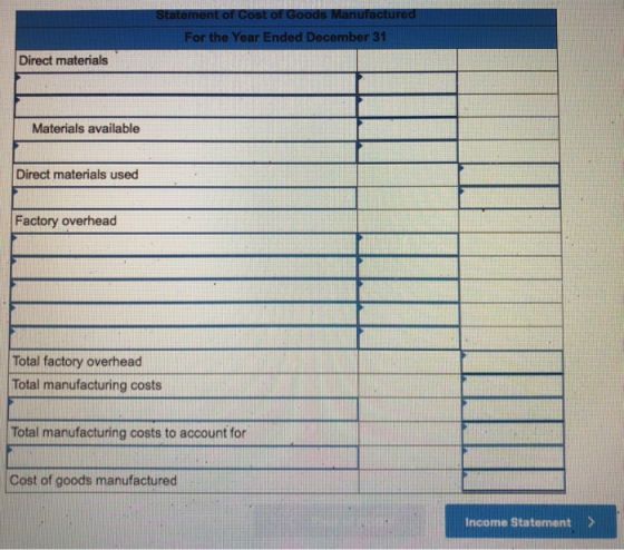 Statement of Cost of Goods Manufactured For the Year Ended December 31 Direct materials Materials available 2 - Direct materi