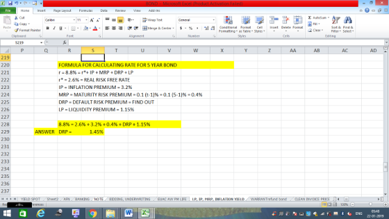 Home nert Page Layout Formulas Data Review View dd-Ins Cut Σ AutoSum ー E ゴWrap Text ta copy. в 1 프· ー· 鱼, Δ. : rーー 逻锂函Merge & Center. $, % , 弼,8 Conditional Format eCell Insert Delete Formsat Sort &Find & 2 ClearFe Select Edting Format Painter Formatting, as Table w styles. ▼ ㆆ ▼ Clipboard Alignment Number Cells S219 AB AC AD 219 220 221 FORMULA FOR CALCULATING RATE FOR 5 YEAR BOND r-8.8%-r*+ IP + MRP + DRP + LP r* = 2.6% = REAL RISK FREE RATE IP-INFLATION PREMIUM = 3.2% MRP-MATURITY RISK PREMIUM-0.1 (t-1)%-0.1 (5-1)%-0.4% DRP = DEFAULT RISK PREMIUM = FIND OUT LP = LIQUIDITY PREMIUM-1.15% 223 224 225 226 227 228 229 230 231 232 233 234 235 236 237 8.8%-2.6% + 3.2% + 0.4% + DRP + 1.15% ANSWER DRP- 1.45% YIELD SPOT Sheet2 AFN BANKING NOTE BIDDING, UNDERWRITING EUAC Aw PM LIFE LP IP MRP. INFLATION YIELD WARRANT fund bond CLEAN INVOICE PRICE 14 - 福 130% 22-01-2019