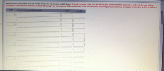 m Journalise the transactions and the desing entries for me income and dividends. (Credit account s are automatically indente