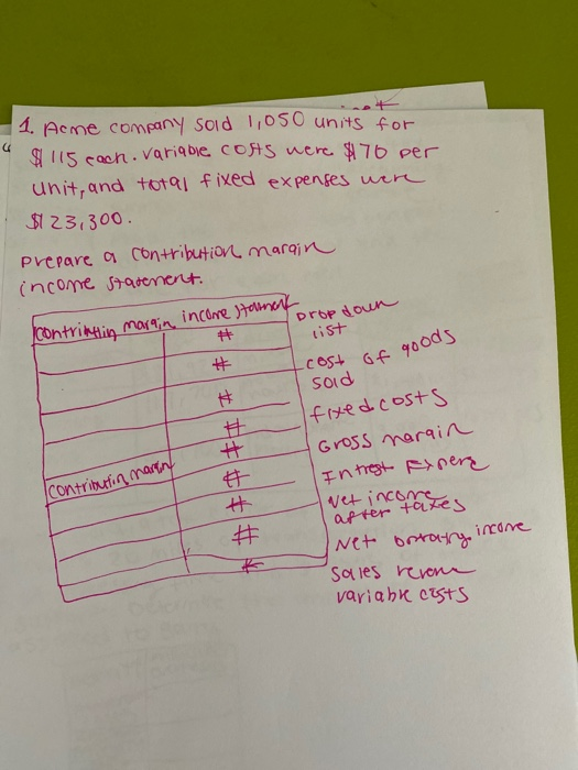 1. Acme company sold 1,050 units for $115 cach. variable costs were $70 per unit, and total fixed expenses were $123,300 Prep