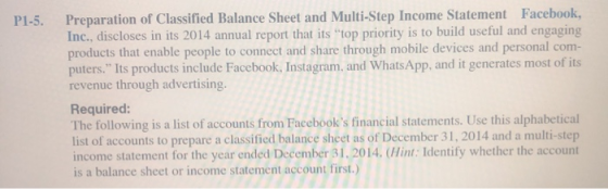 Preparation of Classified Balance Sheet and Multi-Step Income Statement Inc., discloses in its 2014 annual report that its top priority is to build useful and engaging products that enable people to connect and share through mobile devices and personal com- puters. Its products include Facebook. Instagram, and WhatsApp, and it generates most of its revenue through advertising. Facebook, PI-5. Required: The following is a list of accounts from Facebooks financial statements. Use this alphabetical list of accounts to prepare a classified balance sheet as of December 31, 2014 and a multi-step income statement for the year ended December 31.2014. (Hint: Identify whether the account is a balance sheet or income statement account first.)
