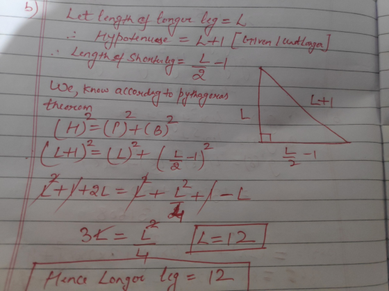 Let length of longer leg=L - Hypotenuage = 2+1 [ Given I cnot longer] .. Length of Shanterley = I I We know according to pyth