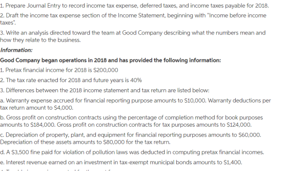 1. Prepare Journal Entry to record income tax expense, deferred taxes, and income taxes payable for 2018 2. Draft the income tax expense section of the Income Statement, beginning with Income before income taxes. . Write an analysis directed toward the team at Good Company describing what the numbers mean and how they relate to the business. Information: Good Company began operations in 2018 and has provided the following information: 1. Pretax financial income for 2018 is $200,000 2. The tax rate enacted for 2018 and future years is 40% 3. Differences between the 2018 income statement and tax return are listed below: a. Warranty expense accrued for financial reporting purpose amounts to S10,000. Warranty deductions per tax return amount to $4,000. b. Gross profit on construction contracts using the percentage of completion method for book purposes amounts to S184,000. Gross profit on construction contracts for tax purposes amounts to S124,000. c. Depreciation of property, plant, and equipment for financial reporting purposes amounts to S60,000. Depreciation of these assets amounts to S80,000 for the tax return. d. A S3,500 fine paid for violation of pollution laws was deducted in computing pretax financial incomes. e. Interest revenue earned on an investment in tax-exempt municipal bonds amounts to $1,400.