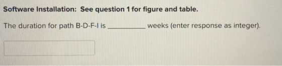 Software Installation: See question 1 for figure and table. The duration for path B-D-F-I is weeks (enter response as integer