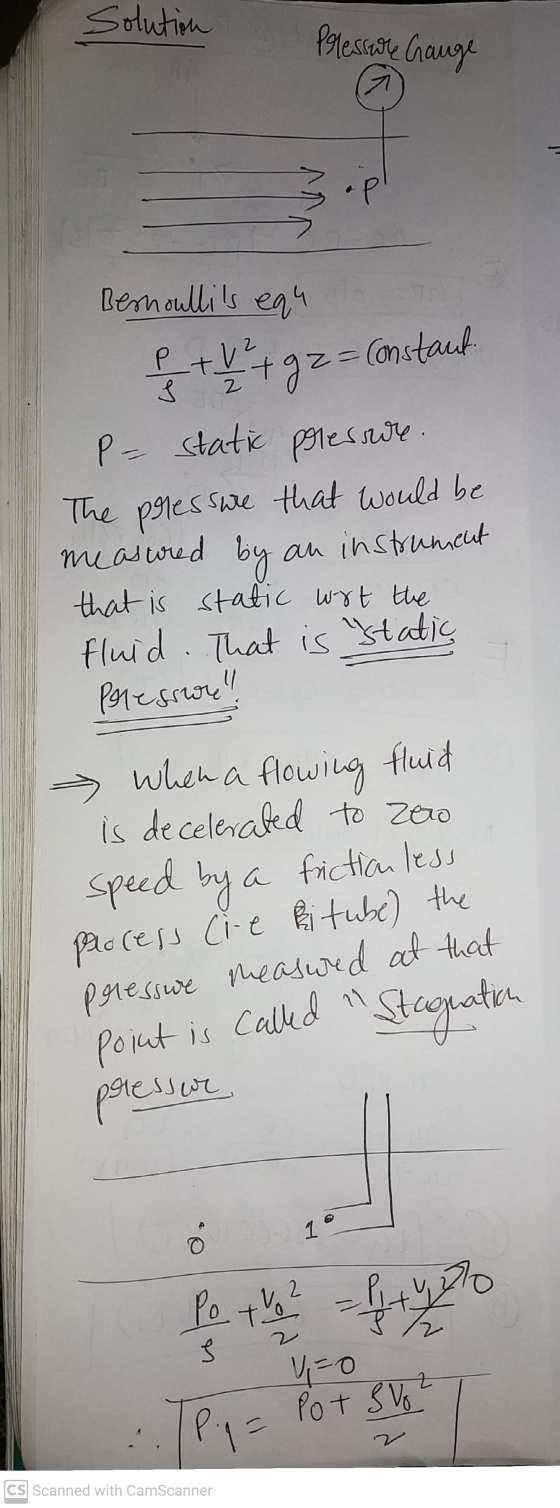 Solution Pressure Gauge .P Bernoullis equ - Constant P + 2 + z = P= static pressure The pressure that would be measured by a