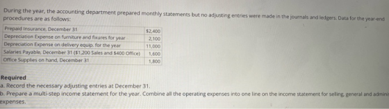 During the year, the accounting department prepared monthly statements but no adjusting entries were made in the journals and