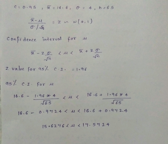 Confidence intervol for u 2 value for 95% c . I. 1.96 1 65 15.62.1 6く < 17-5어 24