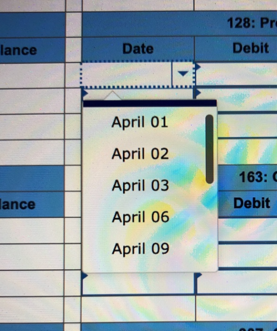 128: Pr lance Date Debit April 01 April 02 163: C April 03 lance Debit April 06 April 09